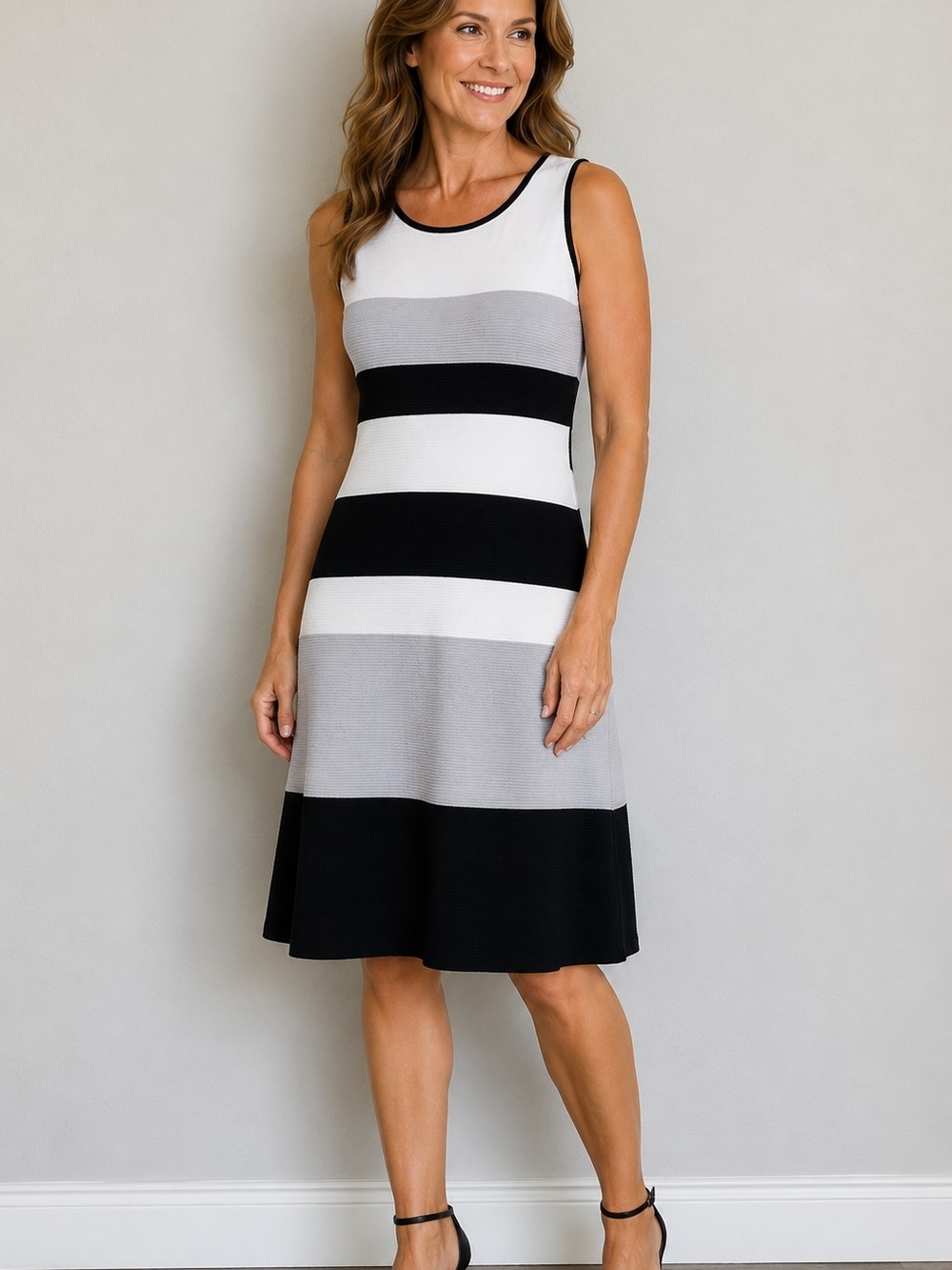Carmen Marc Valvo XL Sleeveless Striped Knit Dress Black White Gray Rayon Blend